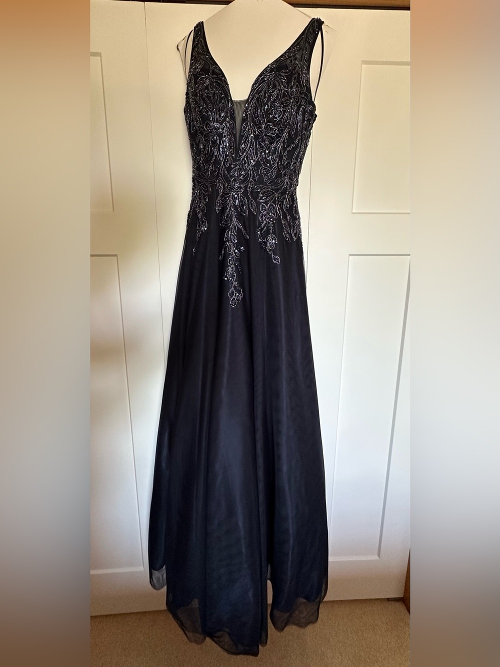 Beaded Navy Blue Evening Dress with V-Neck